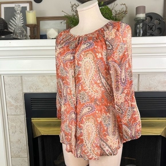 Sundance Silk Semi See Trough Silk Paisley Button Up Blouse - Picture 5 of 11